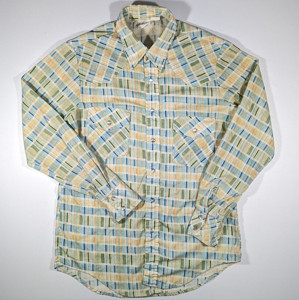 Vintage 70s Gino Of California Pearl Snap Dress Shirt Men's Size Medium Green